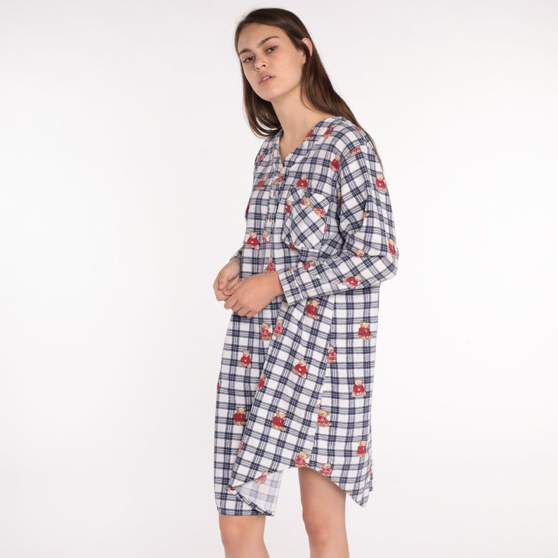 Nightgown Pajama Dress Flannel Teddy Bear Nightie 80s Checkered Retro Tshirt 1980s Kawaii Midi Medium image 4