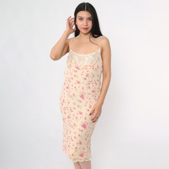 Vintage Floral Slip Dress 90s Print Lace Bust Midi Cowl Neck Peach Pink 1990s Hugo Buscati Spaghetti Strap Romantic Party Y2K Medium 8