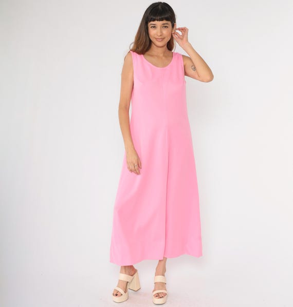 Vintage Long Pink Dress 70s Mod Ankle Length Maxi Sleeveless Scoop Neck Shift Simple Plain 1970s Large 12