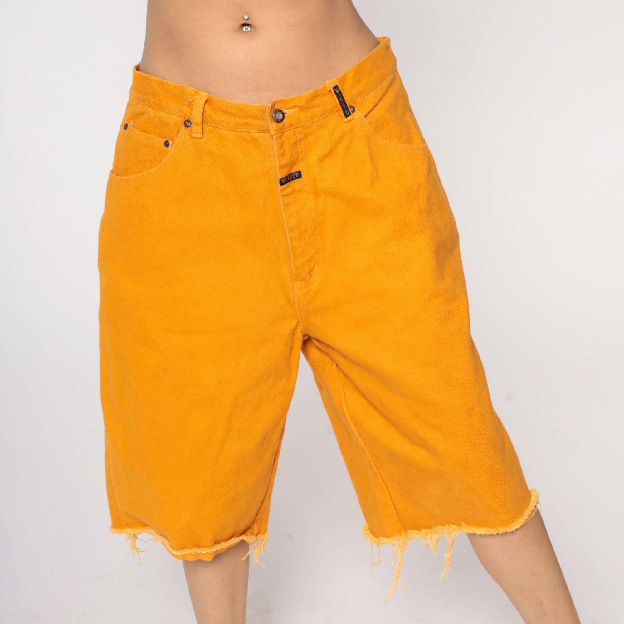 Orange Denim Shorts 90s Wicked High Waisted Shorts Grunge Raw Edge Jean