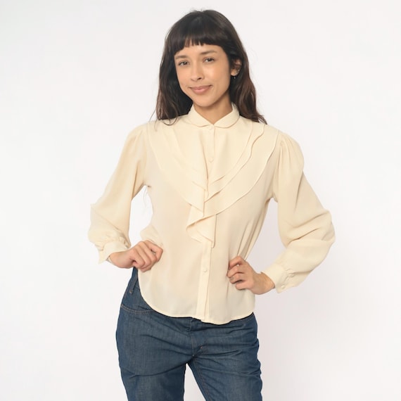 70s Prairie Blouse Peter Pan Collar Cream Ivory Button Front Ruffle Secretary Office Top Vintage Feminine Cottagecore Puff Sleeve Medium M