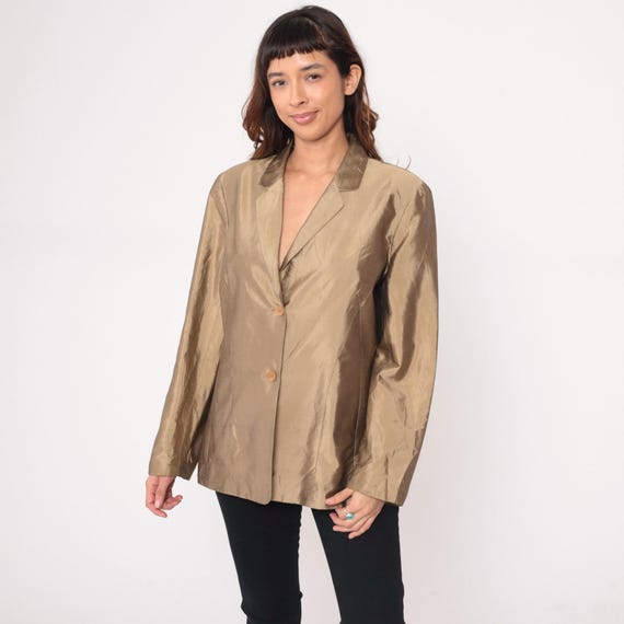 Gold Silk Blazer Y2K Ann Taylor Champagne Beige Minimalist Quiet Luxury Career Professional Jacket Dressy Corporate Vintage Large L