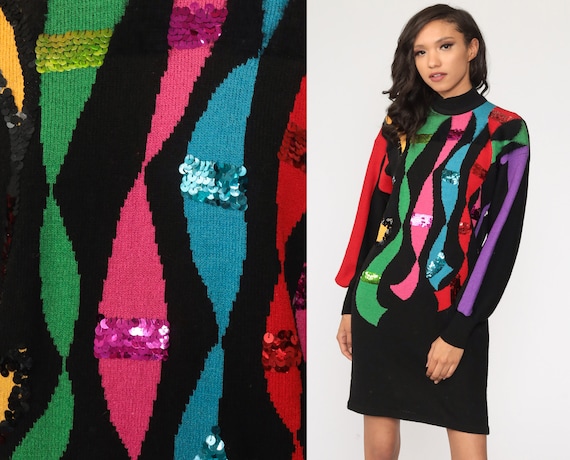 80s Sweater Dress Rainbow Sequin Dress MOHAIR Str… - image 1