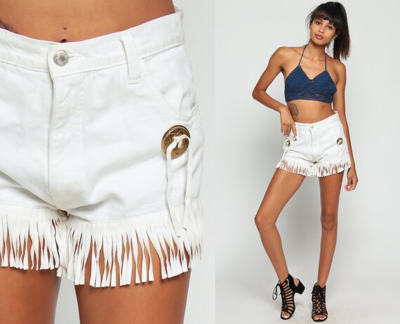 Fringe Shorts White Jean Shorts 90s Denim High Waisted Boho Cutoffs Bohemian Hippie Cut Offs Frayed Vintage Festival Hotpants Medium