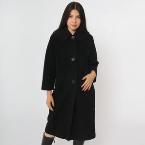 Vintage 50s Black Cashmere Coat 1950s Swing Overcoat Mid Century Full Button Up Winter Jacket Couture Americana Midi Length Small Medium