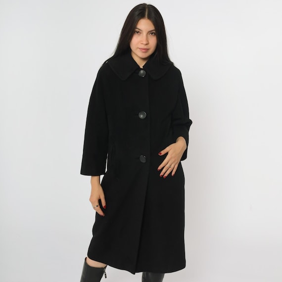 Vintage 50s Black Cashmere Coat 1950s Swing Overcoat Mid Century Full Button Up Winter Jacket Couture Americana Midi Length Small Medium