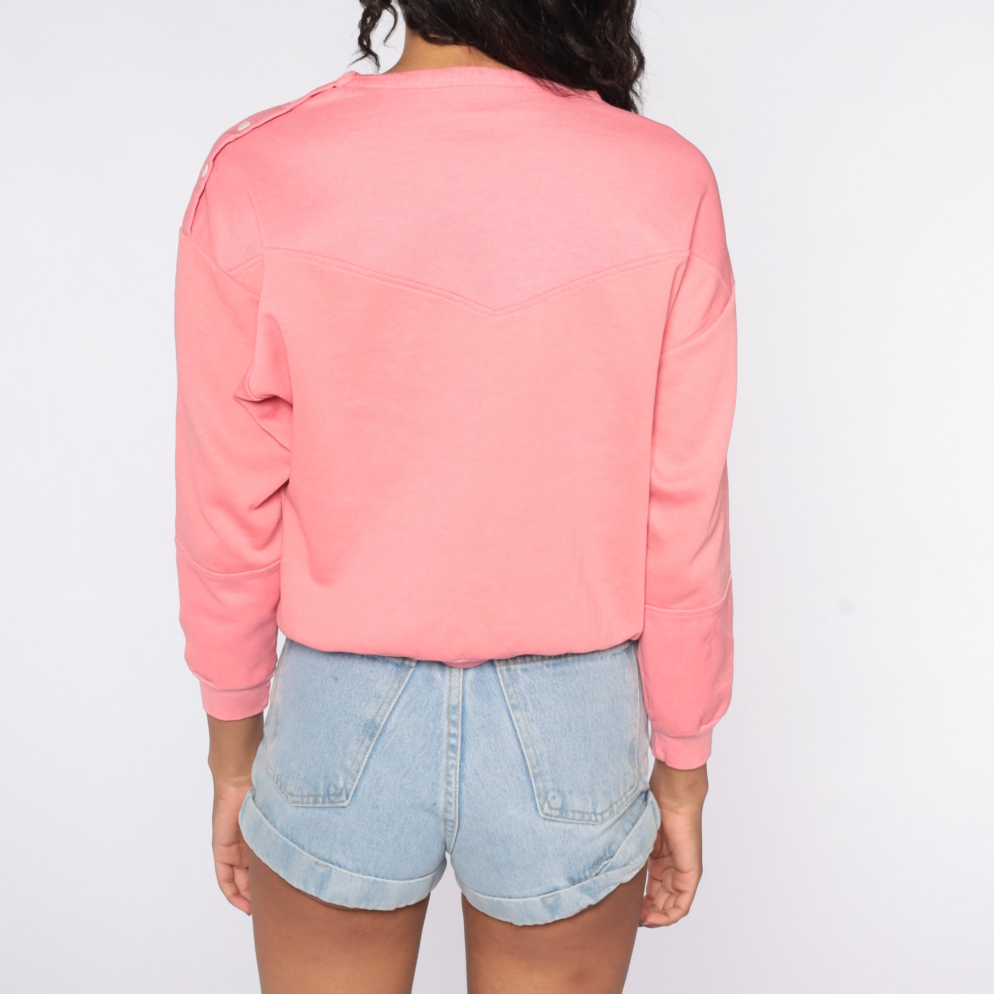 Pink Sweatshirt 80s Sweatshirt Button Shoulder Shirt Plain Long Sleeve ...