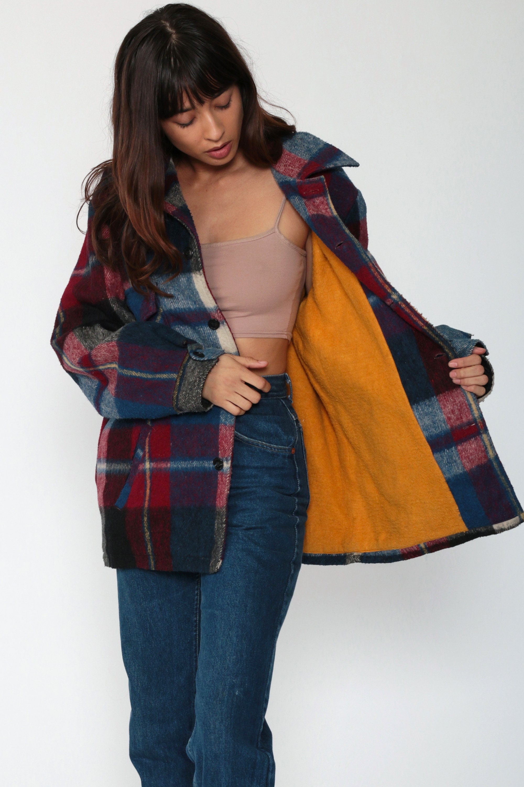 Blue Plaid Jacket Campus Jacket 70s Coat CPO Jacket Lumberjack Button Up Acrylic Vintage 1970s 