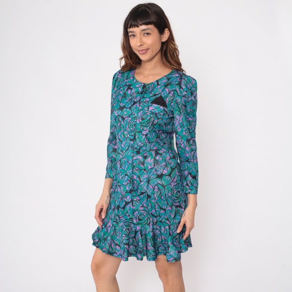 Floral Mini Dress 80s Long Puff Sleeve Drop Waist Ruffle Flounce Flower Leaf Print Button Up Black Blue Green Pink Vintage 1980s Medium M