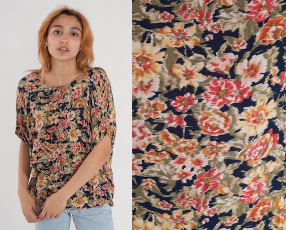 90s Floral Blouse Short Sleeve Shirt Rayon Pullover Top Navy Blue Yellow Pink Flower Print Bohemian Vintage Short Sleeve Large L