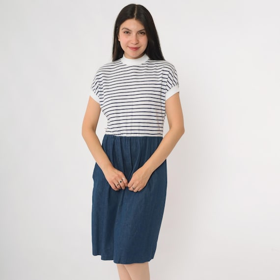 80s Nautical Dress Striped Knit Top Denim Skirt Mock Neck Short Sleeve Casual Midi Length Sailor Inspired Summer Medium M