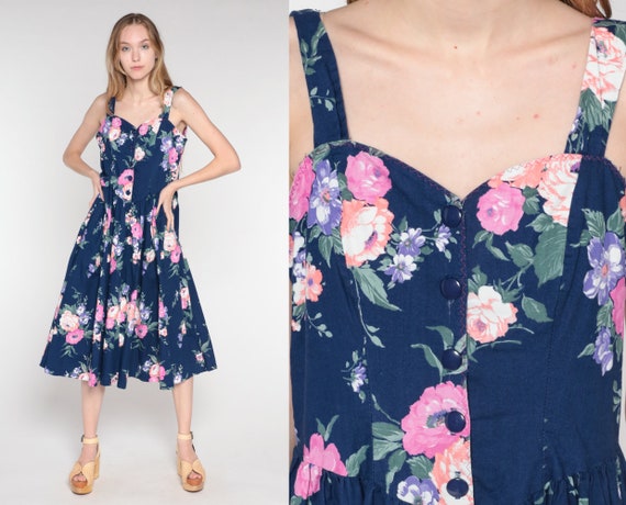 Floral Sundress 80s Midi Dress Navy Blue Retro Basque Waist Sweetheart Neckline Button up Sleeveless Sun Day Summer Vintage 1980s Medium M
