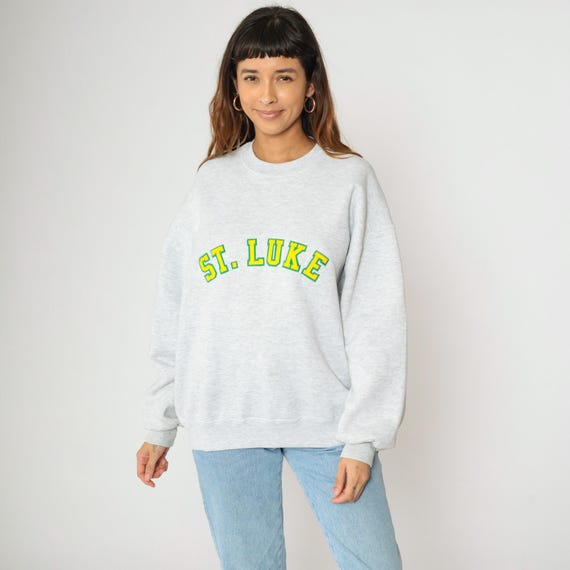 Vintage Jerzees St Luke Sweatshirt 90s Gray Crewneck Pullover Green Yellow Stitched Letters 1990s Made in USA Extra Large xl