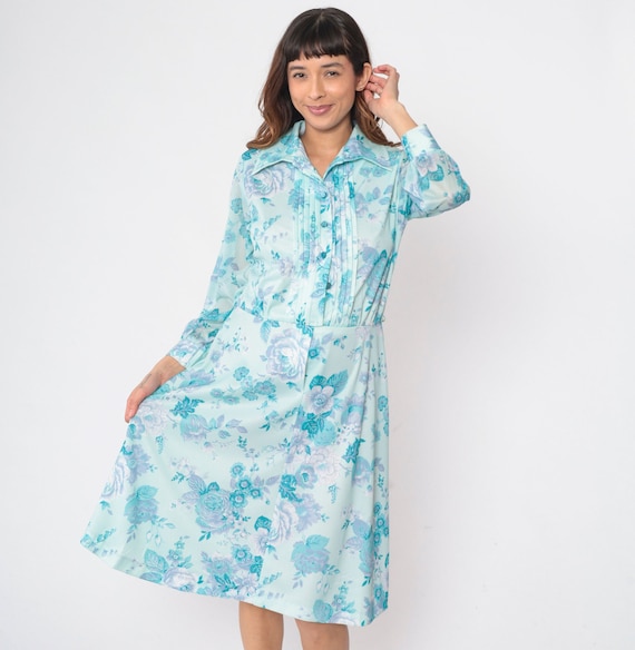70s Floral Dress Button Up Midi Shirtdress Pleated Seafoam Blue Flower Print Secretary Long Sleeve Vintage 1970s Shirtwaist Medium Large