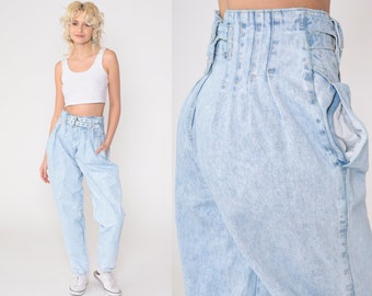 80s Paper Bag Jeans Acid Wash Pleated Mom Jeans Denim High Waist Jeans 1980s Tapered Denim Pants Baggy Jeans Buckle Vintage Small 28 x 32