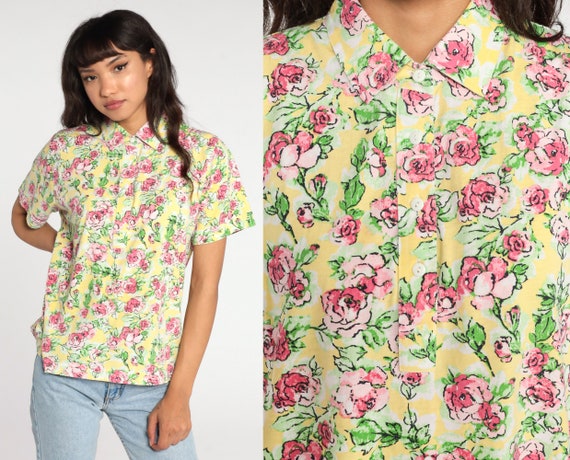 Yellow Floral Blouse 80s Button Up Pink Rose Shirt Short Sleeve Top Romantic Boho 1980s Vintage Bohemian Medium