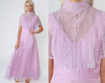 Lavender Gown 70s Prom Dress Purple Lace Bib Maxi Dress Victorian High Neck Flutter Sleeve Capelet Retro Formal Party Vintage 1970s Small S