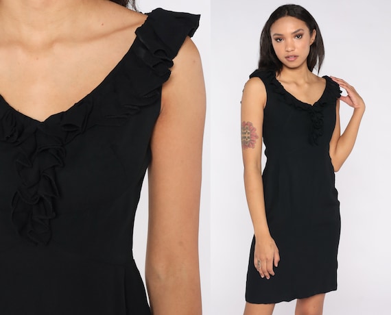 Black Party Dress 1960s Wiggle Dress Ruffle Tea Length 60s Formal Dress Cocktail Mini LBD High Waisted Sheath Mad Men Pencil Pin Up Small
