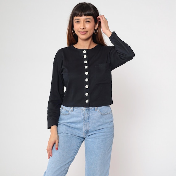 Black Cropped Cardigan 90s White Buttons Long Sleeve Crew Neck Minimalist Grunge Goth Corporate Preppy Vintage Top Alternative Medium M