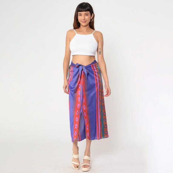 70s Striped Boho Skirt Purple Red Front Slit Tie Waist 1970s Retro Hippie Midi Vintage Beach Coverup High Waisted Bohemian Medium M
