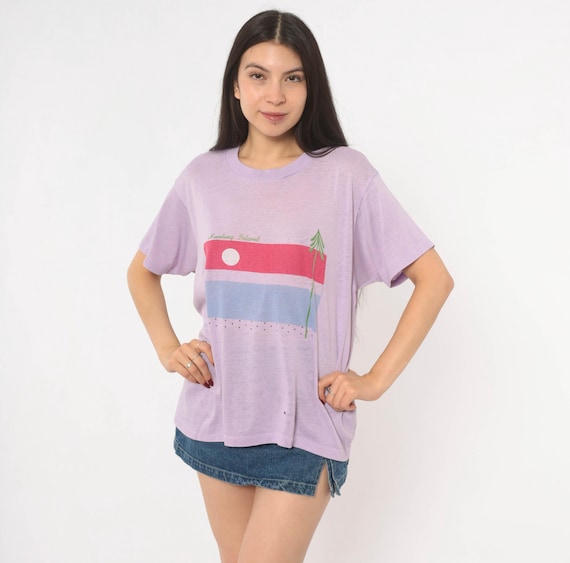 Hunting Island Graphic Tee 80s Lilac Purple Souvenir Shirt Beach Sunset Print Lavender Violet Cotton Vacation Summer Top Extra Large XL