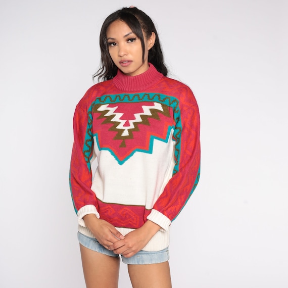 Southwestern Knit Sweater 80s Boho Mock Neck Sweater Wool Blend Ski Pullover Bohemian Jumper Red Blue White Vintage 1980s Ossi Small S
