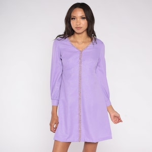 70s Babydoll Dress Metallic Purple Dress Mini Party Cocktail Mod Beaded Rhinestone Sparkly Long Sleeve 60s Boho Vintage Empire Waist Small