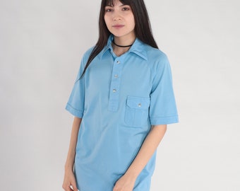 Blue Shirt 70s Polo Shirt Retro Half Button Up Collared Shirt Short Raglan Sleeve Basic Simple Plain Preppy Disco Top Vintage 1970s Large L