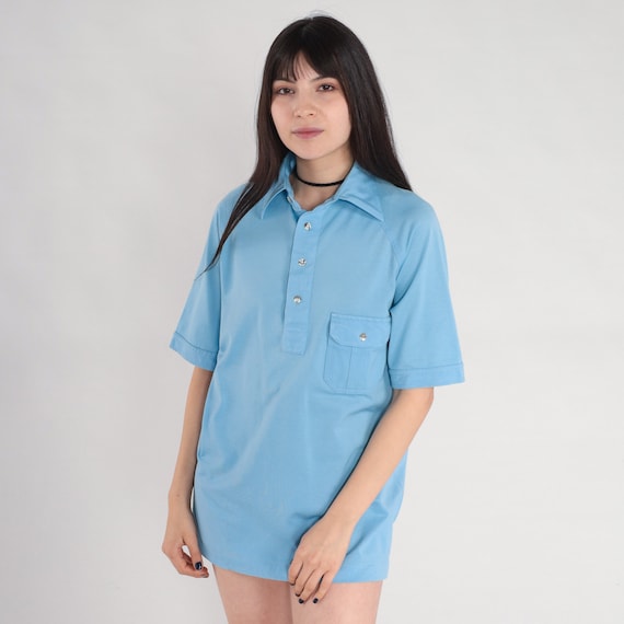 Blue Shirt 70s Polo Shirt Retro Half Button Up Collared Shirt Short Raglan Sleeve Basic Simple Plain Preppy Disco Top Vintage 1970s Large L