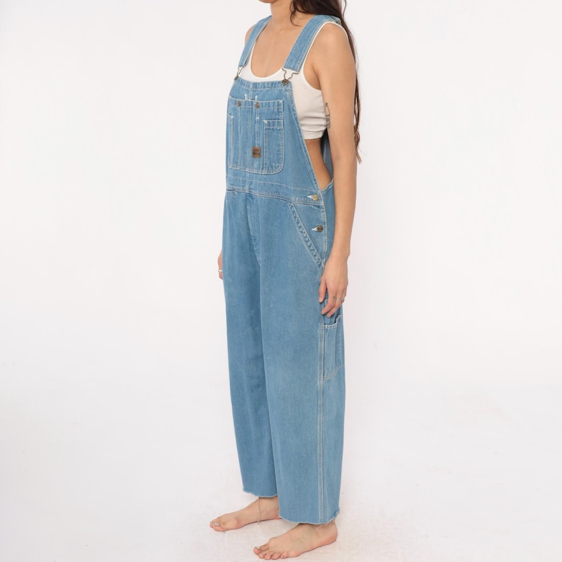 Y2K Denim Overalls Light Wash Big Smith Wide Leg Cropped Frayed Hem Blue Dungarees Carpenter Style Vintage Cotton Workwear Relaxed Medium M image 9