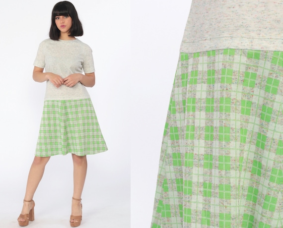 Mod Dress 60s Mini Argyle Plaid Dress SCOOTER Drop Waist Dress 70s Checkered Vintage Short Sleeve Minidress Preppy Gogo Medium