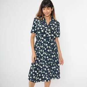 90s Navy Floral Dress Button Up Midi Dress Vintage Blue Shirtdress Pleated Silky Short Sleeve Day Dress Retro Summer 1990s Medium Petite