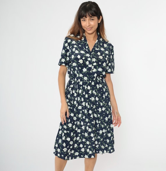 90s Navy Floral Dress Button Up Midi Dress Vintage Blue Shirtdress Pleated Silky Short Sleeve Day Dress Retro Summer 1990s Medium Petite