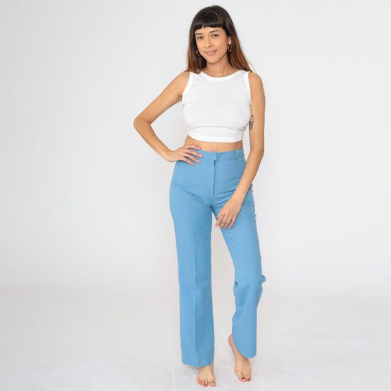 70s Straight Leg Western Pants Blue Smooth Back Trousers 1970s Boho Hippie Rodeo High Rise Waist Vintage Creased Small 4