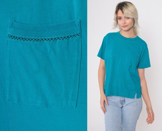 Turquoise Blue Shirt 90s Chest Pocket T Shirt Cutout Crewneck Plain 1990s Vintage Cut Out Tshirt Retro Tee Basic Shirt Liz Claiborne Small
