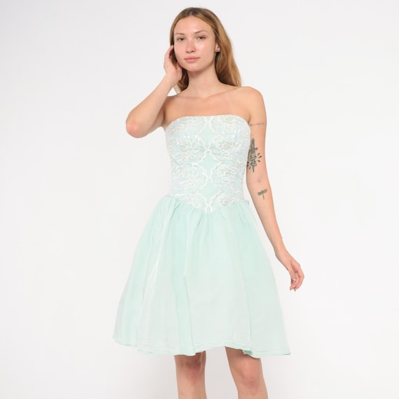 Gunne Sax Strapless Dress 80s Mint Green Lace Sequin Fit Flare Bow Back Party Frock Ice Blue Sweetheart Neckline Prom Vintage Extra Small XS