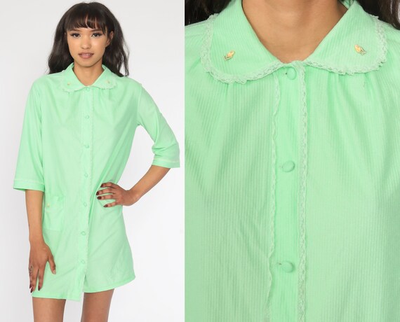 60s Pajama Dress Green Peter Pan Collar Mod Mini Dress Shift Floral Applique Lace Trim 70s Vintage Lounge Dress Button up Nightgown Medium