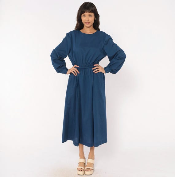 80s Navy Cotton Dress Balloon Sleeve Midi Elastic Waist Round Neck Long Sleeve Blue Prairie Cottagecore Minimal Vintage Small To Medium S M
