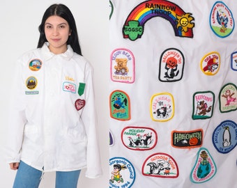 90er Pfadfinderinnen Patch Weiß Snap Up Jacke Truppenführer Aufnäher Girl Scouts of America Debbie Gestickter Name Brownie Vintage 1990er Jahre Large L