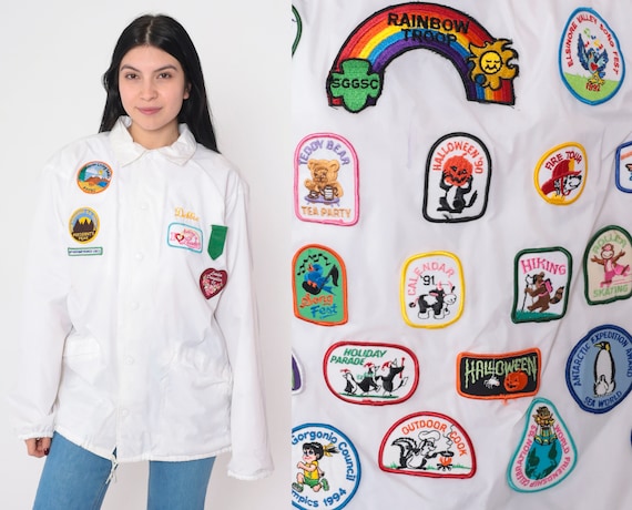 90s Girl Scouts Patch White Snap Up Jacket Troop Leader Patch Girl Scouts of America Debbie Embroidered Name Brownie Vintage 1990s Large L