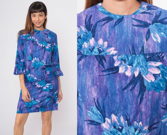 60s Hawaiian Mini Dress Blue Purple Tropical Flor… - image 1