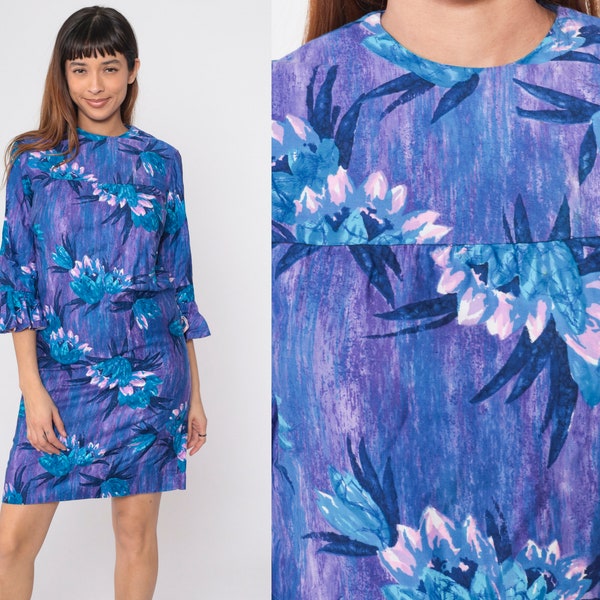 60s Hawaiian Mini Dress Blue Purple Tropical Floral Mod Dress Shift Floral Ruffle Bell Sleeve Twiggy Vintage Minidress 1960s Small S