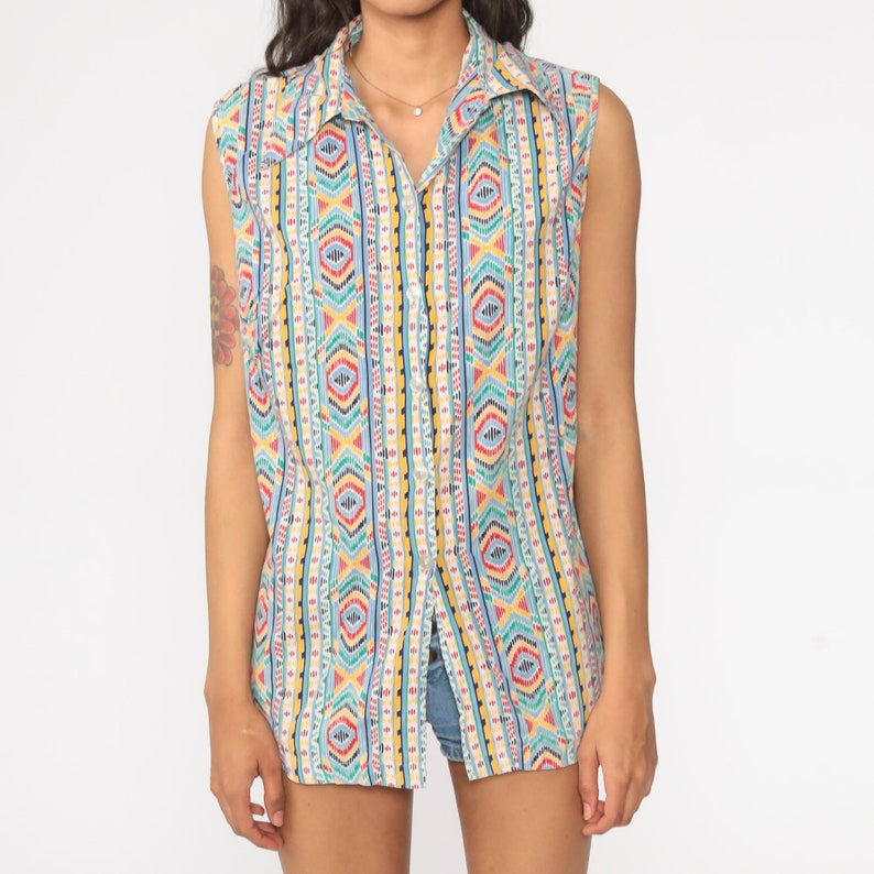Tribal Top Aztec Shirt Geometric Blouse 70s Top Bohemian Shirt 1970s Hippie Sleeveless Button Up Boho Tank Top Retro Stripe large