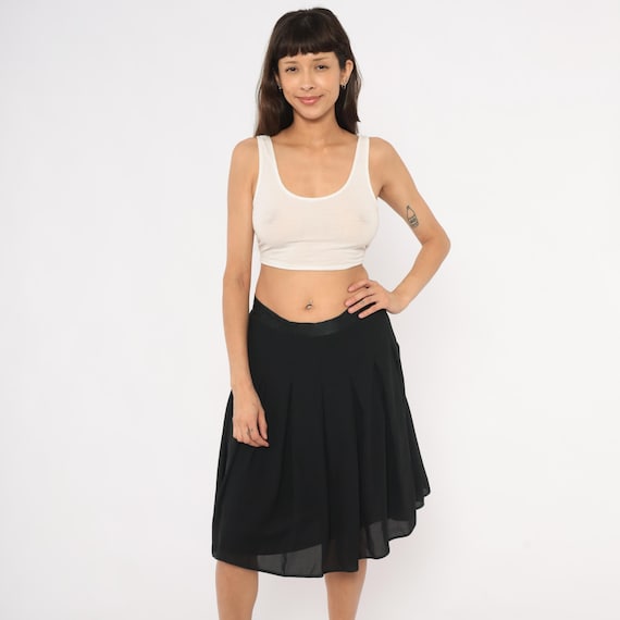90s Pleated Black Skirt Liz Claiborne Knee Length Flowy Chiffon Satin Waistband Flared Circle Office Goth Dark Academia Vintage Large L