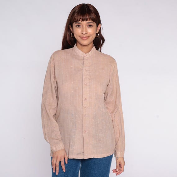 70s Cream Blouse Button Front Long Sleeve Collared Vintage Beige Shirt Classic Neutral Top Light Brown Minimalist Cottagecore Ivory Medium M