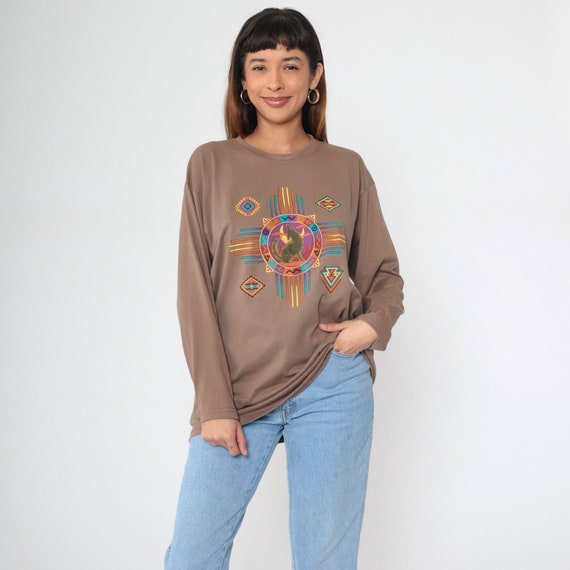 Southwest Coyote T Shirt Graphic Tshirt 90s Brown T Shirt Moon Southwestern 1990s Vintage Desert Long sleeve Crewneck Small Medium Large OS