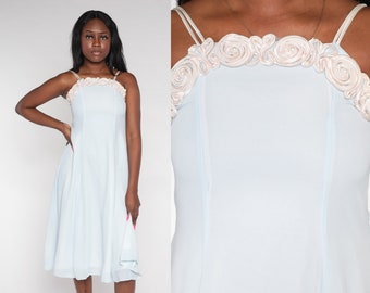 Pale Blue Dress 90s Party Dress Soutache Pearl Beaded Evening Midi Dress Cocktail Formal Prom Pastel Sleeveless Vintage 1990s Extra Small xs