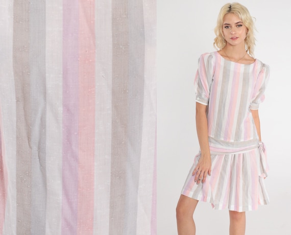 Striped Mini Dress 80s PUFF SLEEVE Dress Drop Waist Dress Pastel Baby Pink Purple 1980s Vintage Shift 1980s Taupe Tie Waist Casual Small