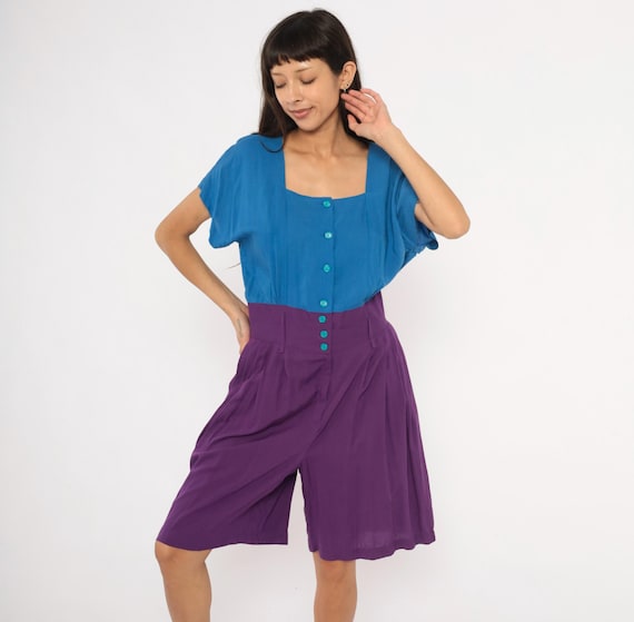 90s Color Block Romper Blue Purple Square Neck Pleated Shorts Jumpsuit Teal Buttons Plum Violet Vintage Summer Playsuit Women Medium M