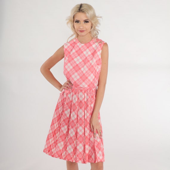 Pink Plaid Dress 60s Mini Dress Sleeveless High Waisted Pleated Sundress Checkered Print Retro Sixties Day Mod Vintage 1960s Extra Small xs